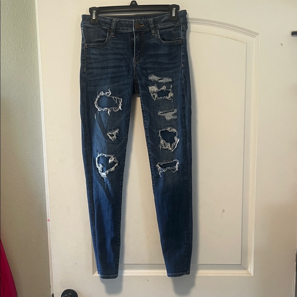 American Eagle Outfitters Dark Blue Distressed Skinny Jeans